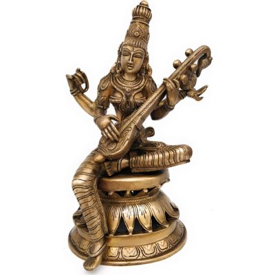 Bhunes Brass Goddess Saraswathi On Lotus Idol