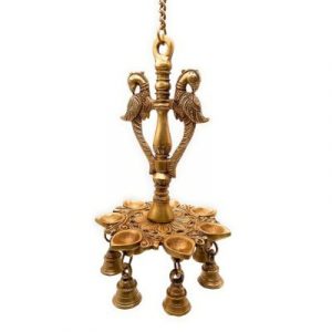 Bhunes Brass Peacock with Bells and Chain 7 Wick Lamp