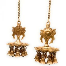 Bhunes Brass Shankh, Chakra Engraved Hanging Lamp with Bells