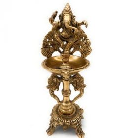 Bhunes Engraved Ganesh with Twin Parrots Brass Lamp