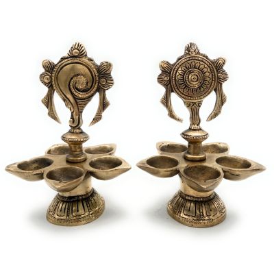 Bhunes Shankh and Chakra Panchamukhi Brass Lamp