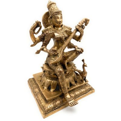 Bhunes Brass Goddess Saraswathi On Lotus Idol