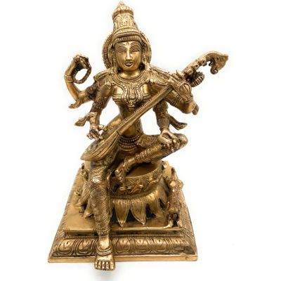 Brass Goddess Saraswathi On Lotus Idol
