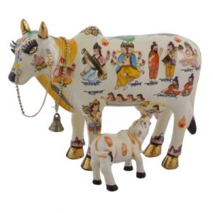 Hand Painted Kamdhenu Cow with Calf Polyresin Showpiece