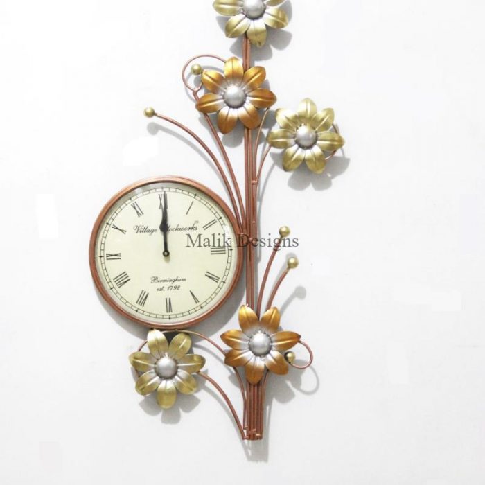 Metal Wall Clock with Flower Design