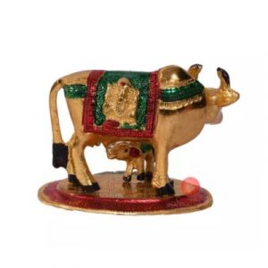 Metal Kamdhenu Cow with Calf & Krishna with Lakshmi engraved Idol