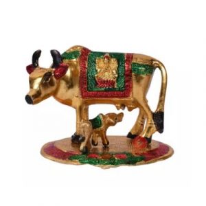 Metal Kamdhenu Cow with Calf & Krishna with Lakshmi engraved Idol