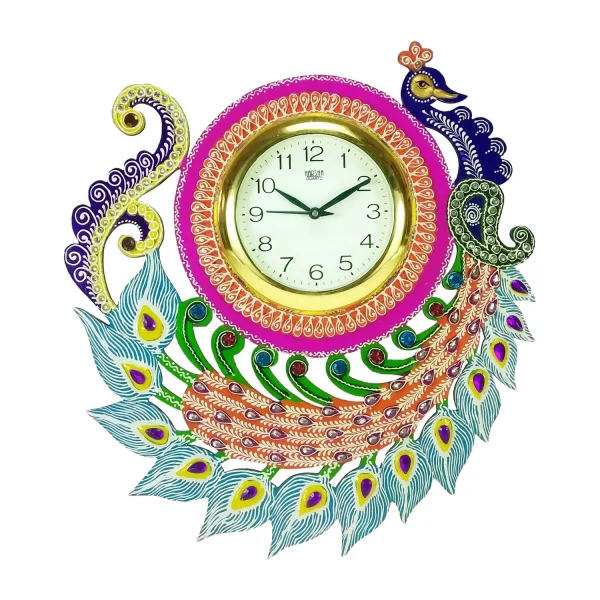 Wooden Wall Clock with Peacock Design