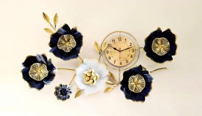 Metal Wall clock with White and Black Petals