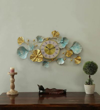 Metal Wall clock with little blue and Golden Ginko Leaf