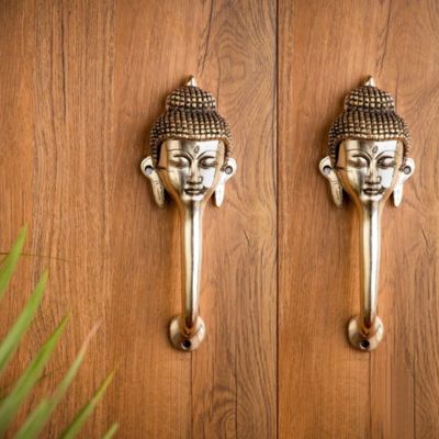 Antique Brass Buddha Face Door Handle Pair