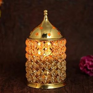 Brass Crystal Akhand Jyoti Diya For Diwali Decorative Crystals Tea Light Holder Lantern 4.8*4.8*9 Inches