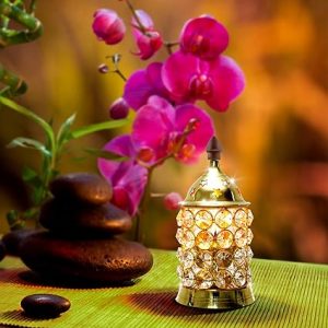 Brass Crystal Akhand Jyoti Diya for Diwali Decorative Crystals Tea Light Holder Lantern:2.4*2.4*4.5 Inches