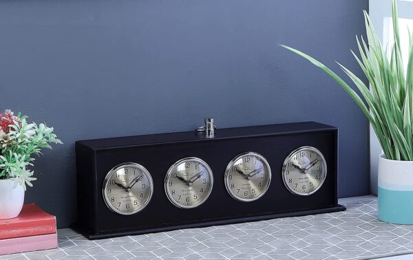 Nickel and Black Wooden World Timer Table Clock