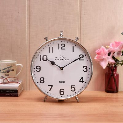 10 Inches Table Analog Clock- Round Silver Finish