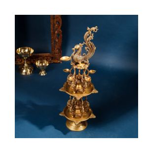 Handcrafted Brass Peacock Deepak Diya Vilakku Deepam Stand 9.5*9.5*27.8 Inches