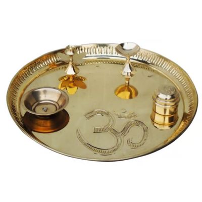 Om Engraved Brass Pooja Thali Set