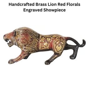 Brass Lion Red Florals Engraved Showpiece