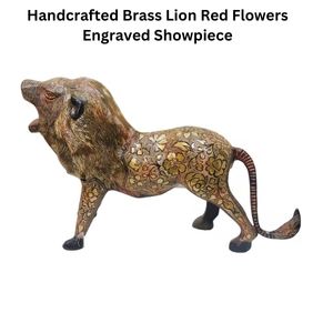 Handcrafted Brass Lion Red Flowers Engraved Showpiece