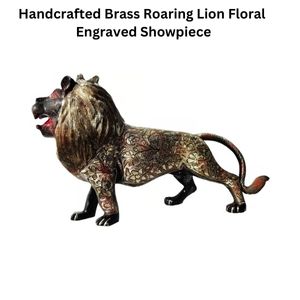 Handcrafted Brass Roaring Lion Floral Engraved Showpiece