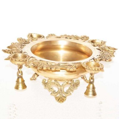 5.5-Inches Brass Urli With Deepak Lamp
