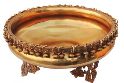 13-Inches Brass Large Urli Bowl on Carved Leg