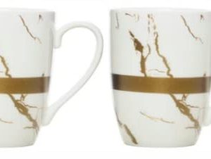 Ceramic Coffee Tea Cup Mug in Luxury Gold Inlay Matte Marble Design, 370ML, 2 Piece, White