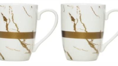 Ceramic Coffee Tea Cup Mug in Luxury Gold Inlay Matte Marble Design, 370ML, 2 Piece, White