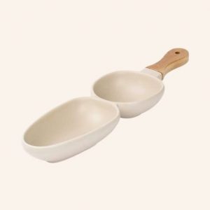 Solid White Modern Ceramic Chip and Dip Bowl with Wooden Handle