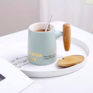 Ceramic Coffee Tea Cup Mug with Wood Lid and Handle in Luxury Matte Design
