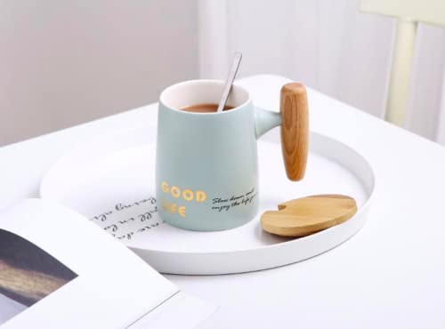 Ceramic Coffee Tea Cup Mug with Wood Lid and Handle in Luxury Matte Design