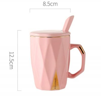 Coffee Tea Ceramic Mug Cup with Spoon and lid, 1 Piece,420ml (Pink)
