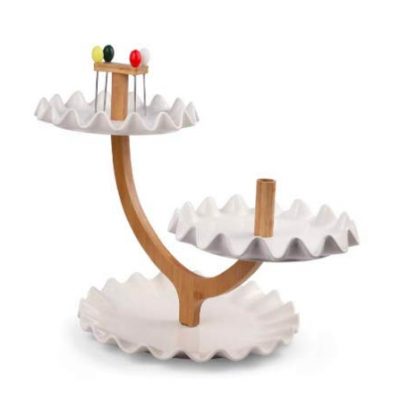3 Tier Ceramic Dessert Serving Plate Stand with Bamboo Base Premium Cupcake Tower Display Holder Cake