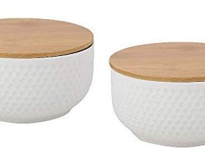 Ceramic Serving Bowl Set with Bamboo Lid- 2 Pieces, Transparent