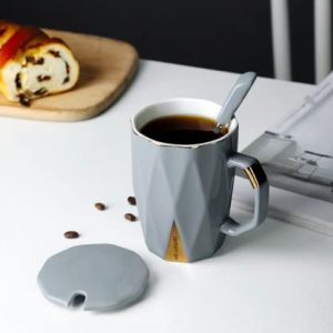 Coffee Tea Ceramic Mug Cup with Spoon and lid, 1 Piece, 420ml (Grey)