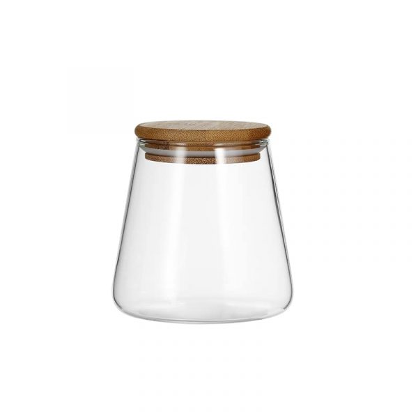 Round Cylindrical Shape Borosilicate Glass Storage Jar canister with Wooden Airtight Lid Jar – 550 ml Glass Utility Container, CLEAR