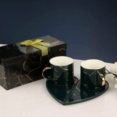 Heart Shaped Premium Metallic Marble Design Aesthetic Cup Mug & Saucer Tray Set with Gold Inlay for Home & Office,2 Cups & 2 Saucers (Green)