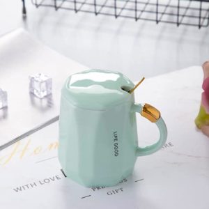 Coffee Tea Ceramic Mug Cup with Spoon and lid, 1 Piece, 400ml (Green)
