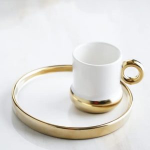 Breakfast Snacks Coffee Cup and Saucer Set of 4, Tea Ceramic Mug with Snacks Round Plate (White and Gold) (2 Cups, 2 Saucer Tray)