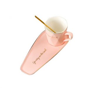 Breakfast Snacks Coffee Cup and Saucer Set, Tea Ceramic Mug with Spoon and Tray (Pink)