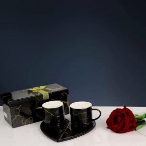 Heart Shaped Premium Metallic Marble Design Aesthetic Cup Mug & Saucer Tray Set with Gold Inlay for Home & Office 2 Cups & 2 Saucers (Black)