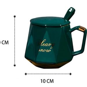 Coffee Tea Ceramic Mug Cup with Spoon and lid, 1 Piece (Dark Green)