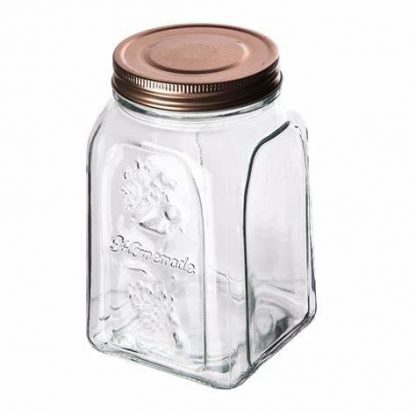 Square Glass Jar Kitchen Storage Container with Air Tight Rose Gold Lid, 1pc, 1000 ml