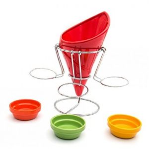 Multi-purpose Ceramic French Fries along with 3 Dip Sauce bowls Holder rack with Stainless Steel Stand