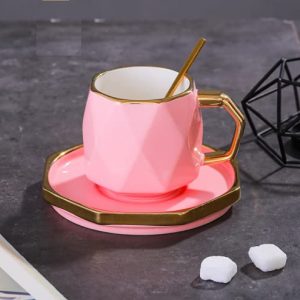 Breakfast Snacks Coffee Cup and Saucer Set, Tea Ceramic Mug with Spoon and Tray (Pink)
