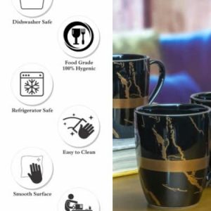 Ceramic Coffee Tea Cup Mug in Luxury Gold Inlay Matte Marble Design, 370ML, 2 Piece, Black