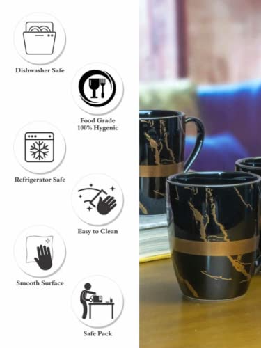 Ceramic Coffee Tea Cup Mug in Luxury Gold Inlay Matte Marble Design, 370ML, 2 Piece, Black