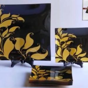 Square Leaf Pattern Tempered Glass Decorative 6 Small Serving Plates with 1 Large Platter (Black and Gold) -Set of 7