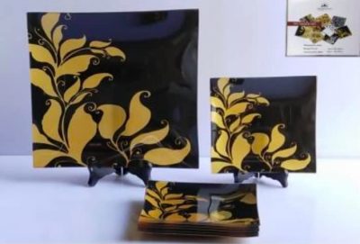 Square Leaf Pattern Tempered Glass Decorative 6 Small Serving Plates with 1 Large Platter (Black and Gold) -Set of 7