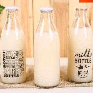 Milk Glass Bottle With Metal Checked Pattern Leakproof Lid, 1 L 3pcs (random colors)